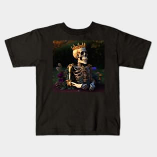 Skeleton in garden with golden crown happy Kids T-Shirt